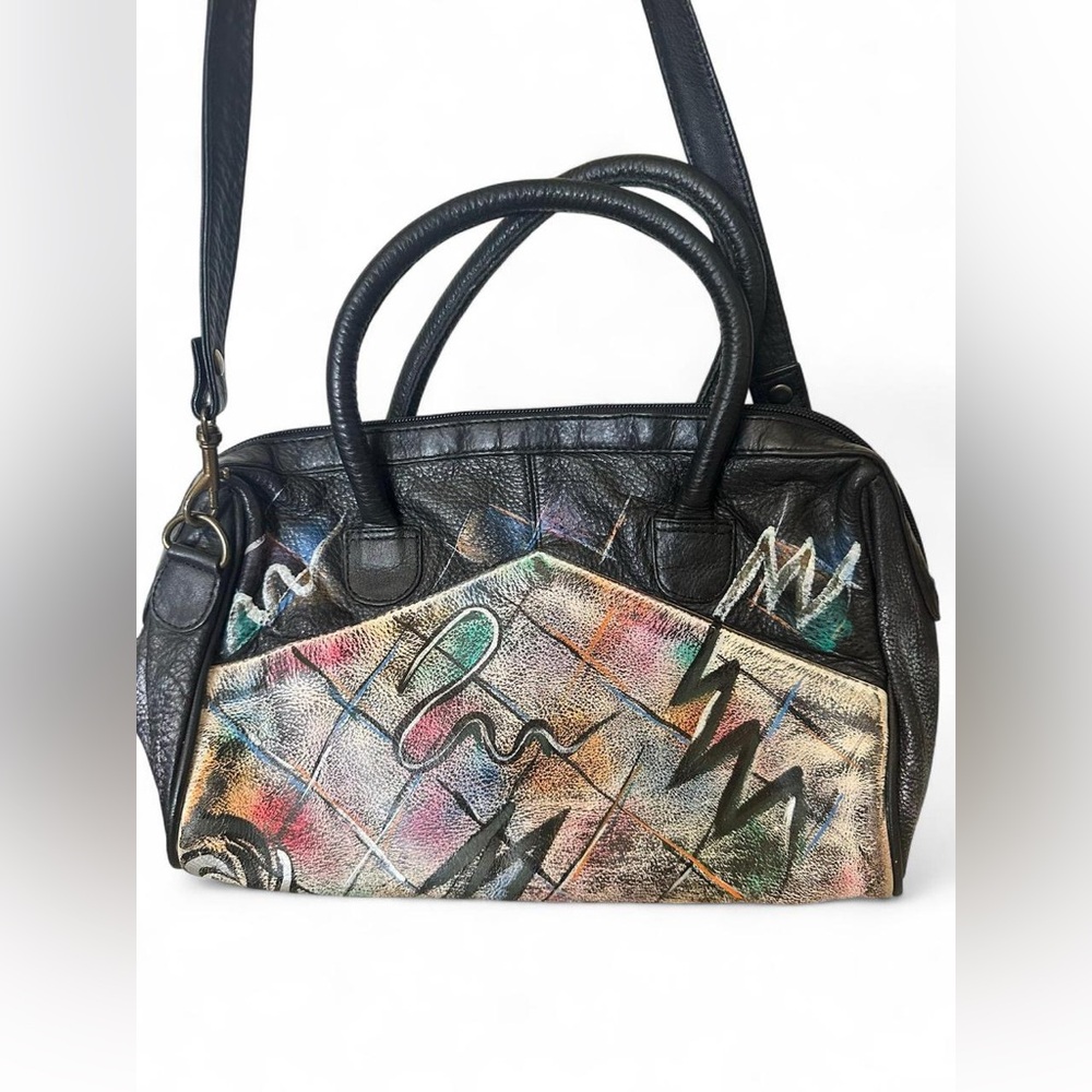 BOTARY Black Leather Hand-Painted BAG WITH REMOVABLE CROSS BODY STRAP